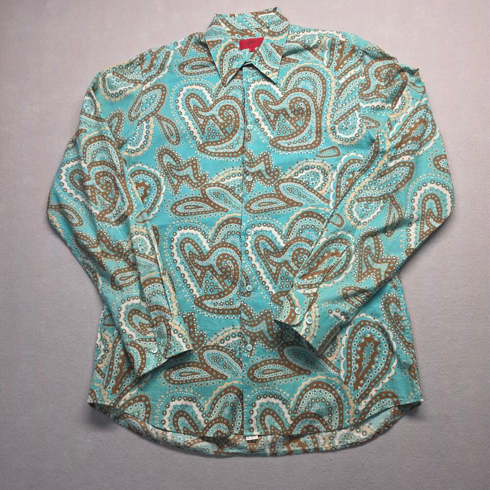 Hugo Boss Blue Brown Paisley Long Sleeve Button Down Shirt XL